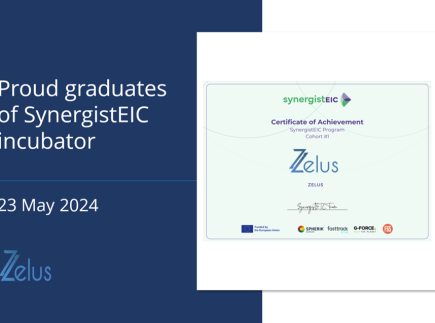 Banner showcasing Zelus' certificate of achievement for completing the SynergistEIC incubation programme