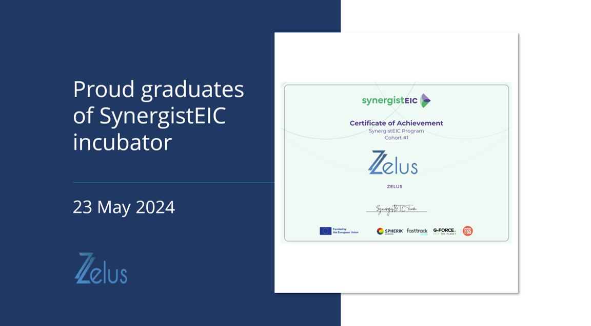 Banner showcasing Zelus' certificate of achievement for completing the SynergistEIC incubation programme