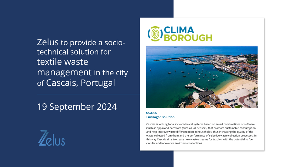 Banner fot communicating the Zelus' project to provide a socio-technical solution for textile waste management in the city of Cascais, Portugal